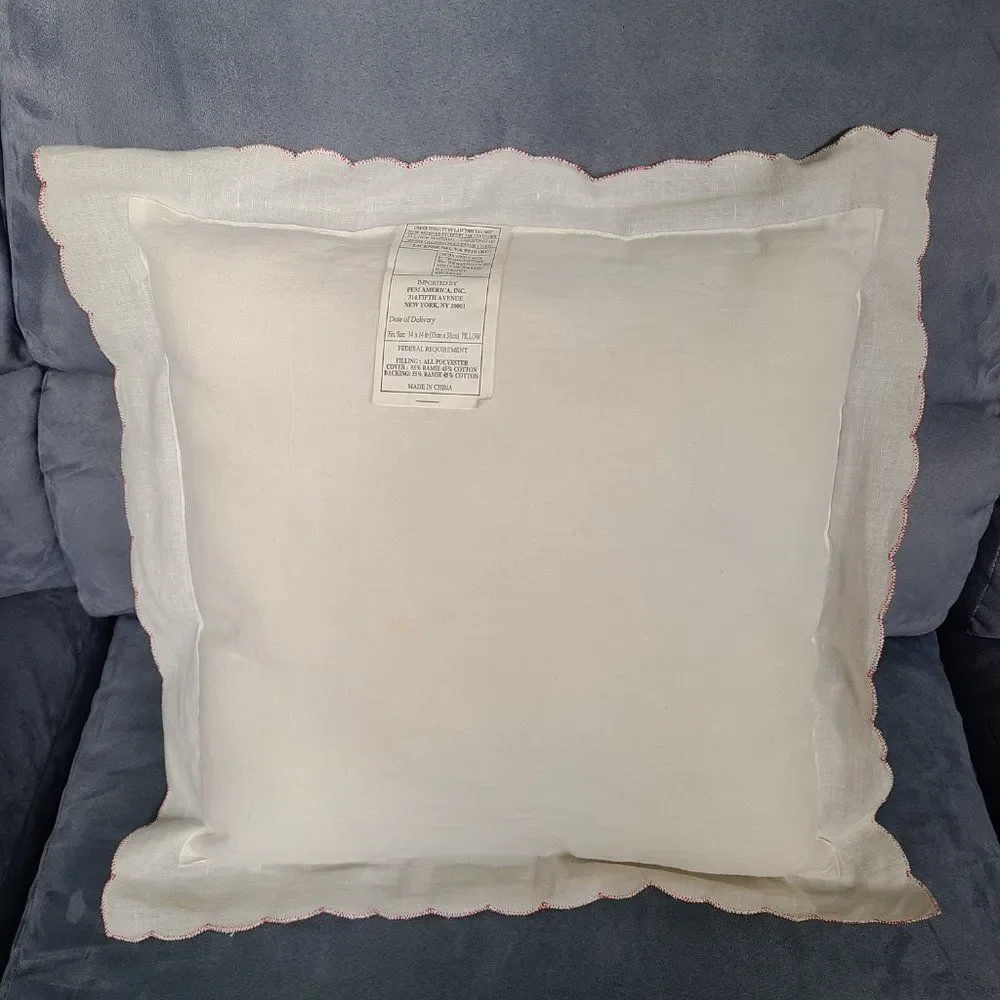 Christmas Poinsettia Embroidered Throw Pillow Gold Cord Scalloped Ruffle Vintage